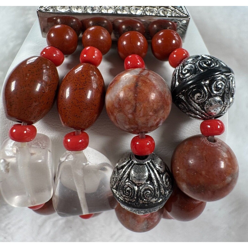Chunky Boho Beaded Bracelet Watch Colleen Lopez Crystal Bezel Red Jasper Quartz - Picture 10 of 15